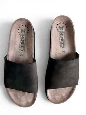 Mephisto Air Relax Black Leather Slide Sandals Women's EU 39 US 8.5 Comfort Shoe